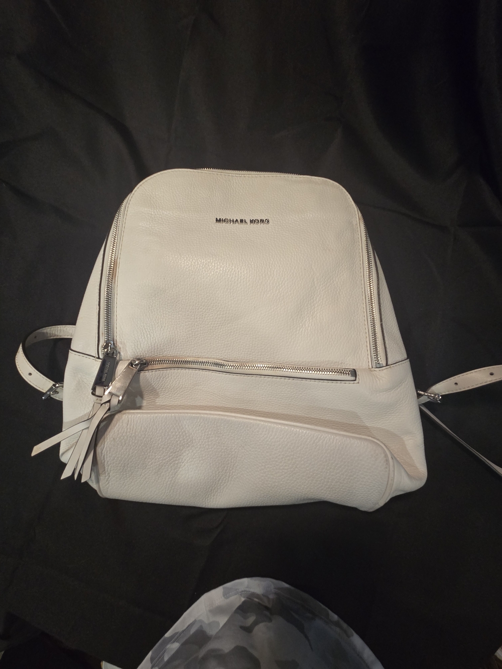 Michael Kors White Pebbled Leather Backpack with Tassel Zips